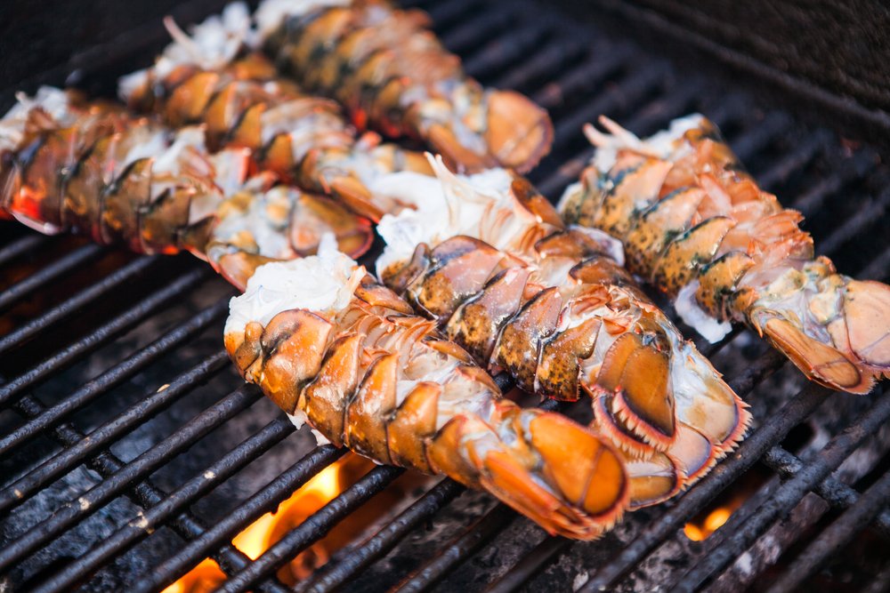 Lobsters on a grill.