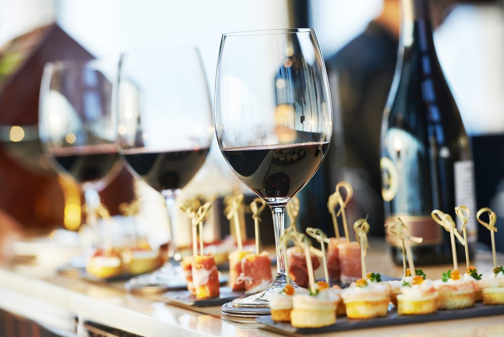 Wine glasses and hors d'oeuvres.