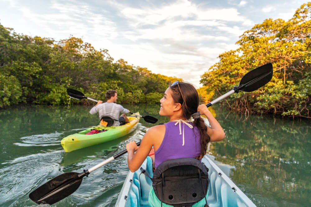 A photo of two people exploring Key West waters on a kayak rental.