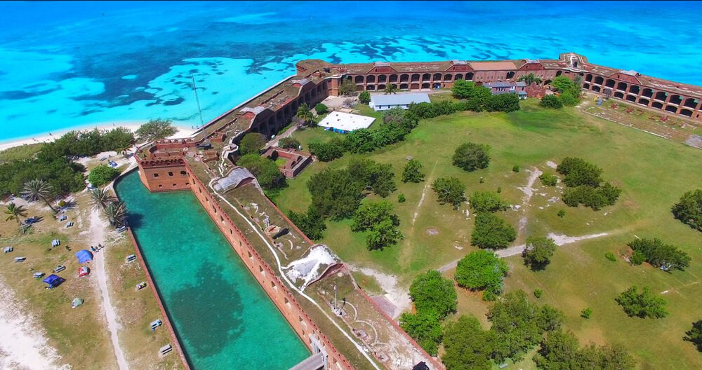 An aerial view of Dry Tortugas National Park, which is a great day trip from Key West.